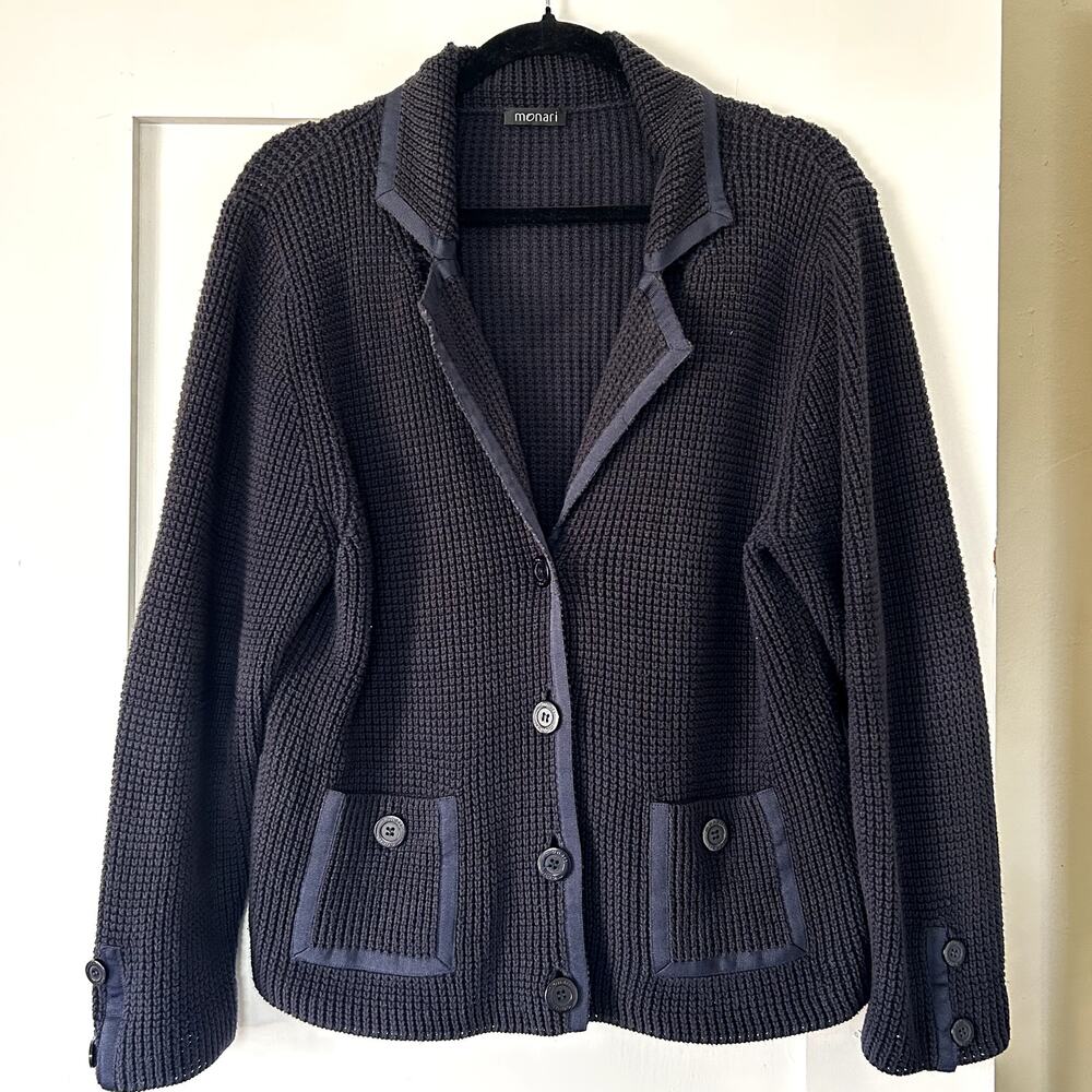 Women's Monari 100% Cotton navy cable knit cardigan with ribbon trim L